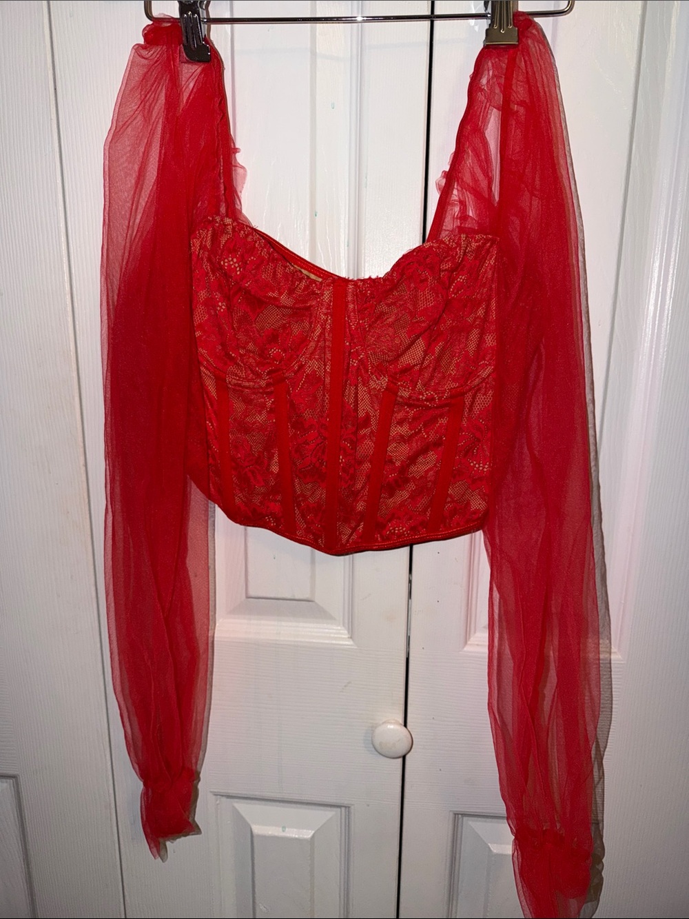 SHEIN Red Lace Corset Crop Top with Sheer Long Sleeves